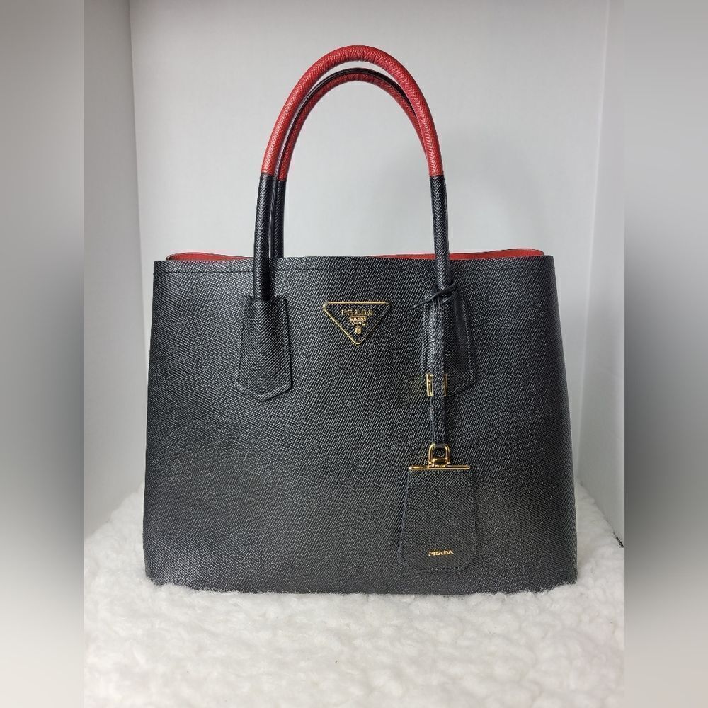 Prada Saffiano Women's 2 Tone Red And Black Large Double Tote Bag